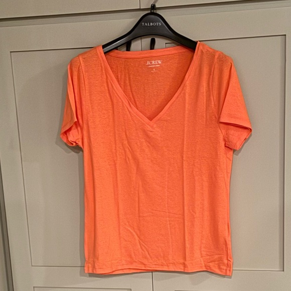 NWT J. Crew V-Neck Short Sleeve Linen Blend Orange Tee SZ L - Picture 2 of 8